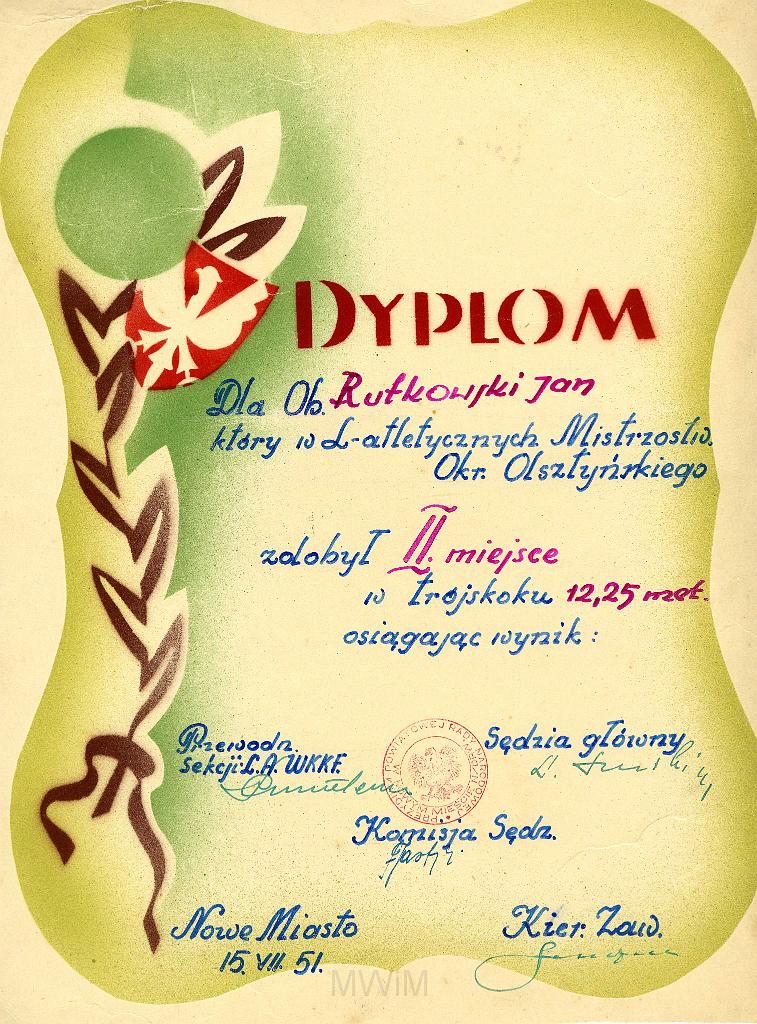 KKE 3249.jpg - Dyplom, Jana Rutkowskiego za II m. trójskok, Nowe Miasto, 1951 r.